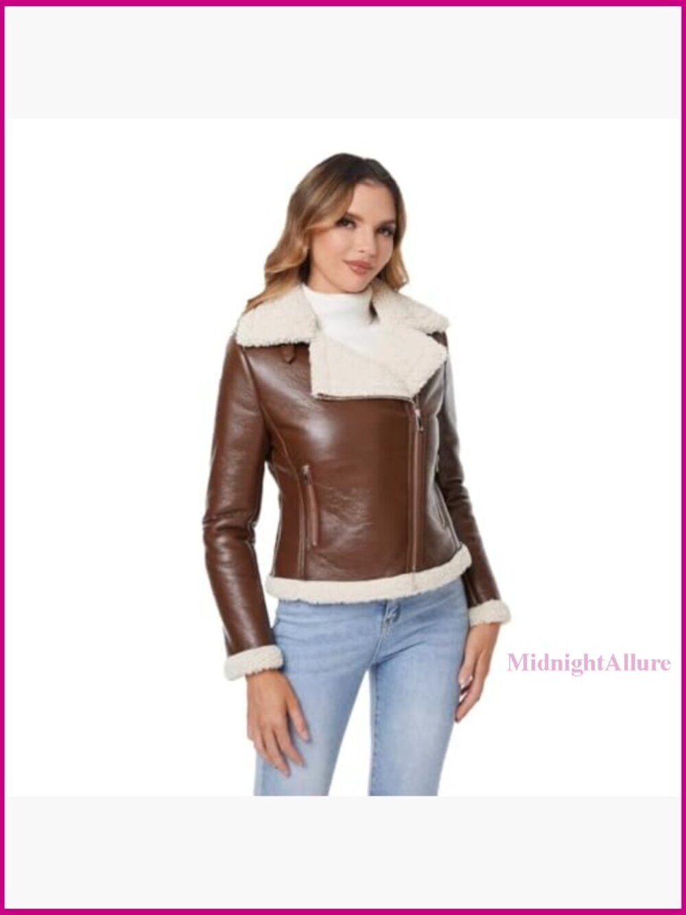 Faux Leather Fur Lined Winter Coat Aviator Style Regular Fit - Picture 2 of 7